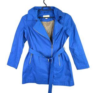 Womens Michael Kors Blue Belted Asymmetrical Zip Coat Jacket Hooded Size L